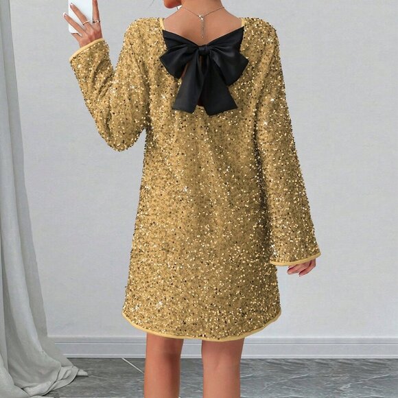 Gold Party Women's Elegant Pearl Bow Christmas Dress - Picture 5 of 5